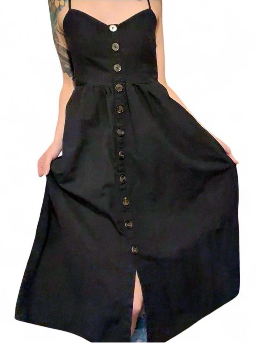 Black linen button up midi dress with adjustable straps small
